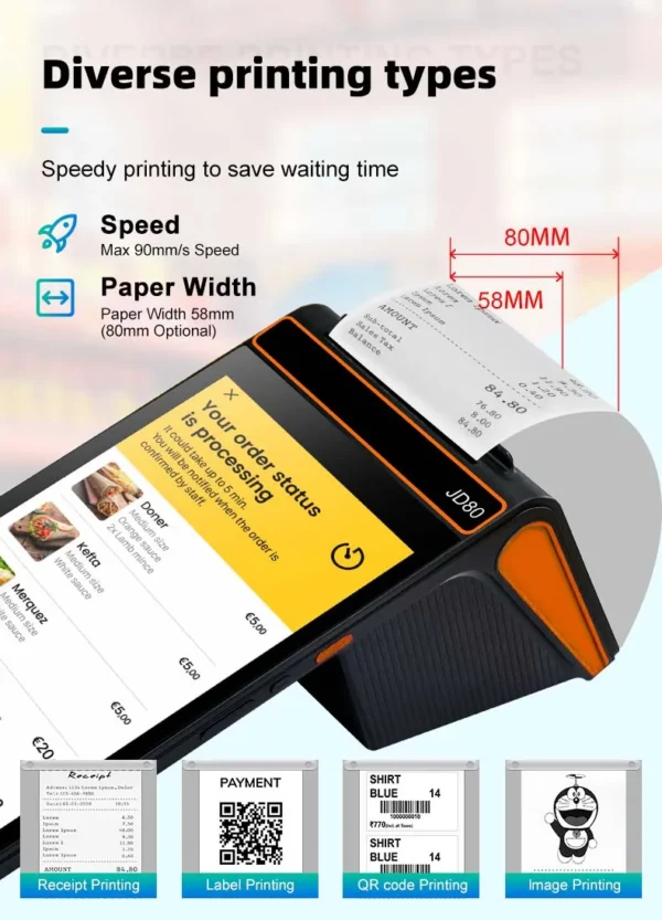 POS Terminal 8 inch Android 12 with 58/80mm Printer Loyverse Desktop POS 4G WIFI BT Connection 2D Scanner NFC Cash Register