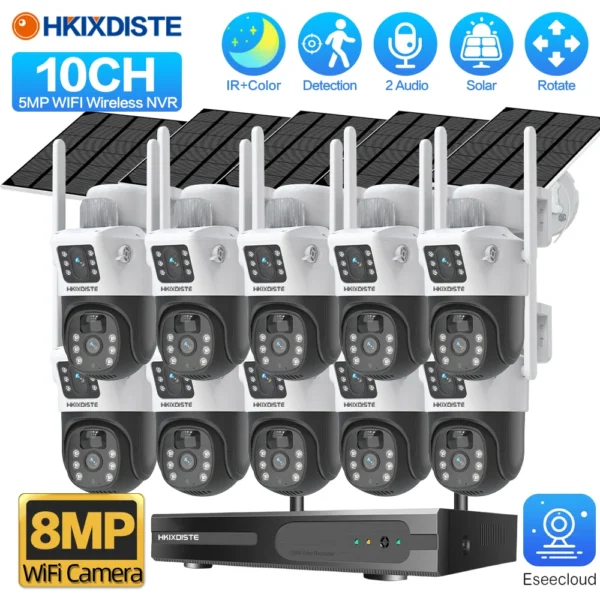 8MP WIFI Wireless Solar Home Security IP Pan Tilt Zoom Camera System 10CH Wireless 4K 5MP QHD CCTV PTZ Camera Kit with NVR