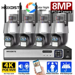 XMEYE 4K Wifi PTZ IP Camera System 8X Zoom Dual Lens Wireless Surveillance Camera System with 8MP 8CH POE NVR Security System