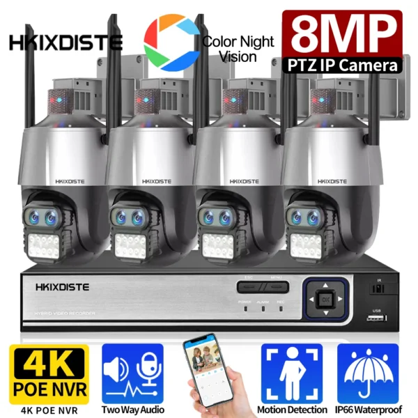 XMEYE 4K Wifi PTZ IP Camera System 8X Zoom Dual Lens Wireless Surveillance Camera System with 8MP 8CH POE NVR Security System