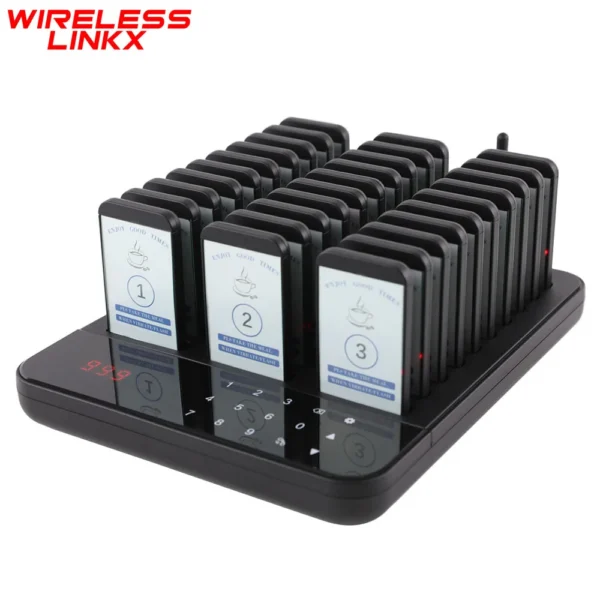 نظام النداء اللاسلكي للمطاعم من Wirelesslinkx نظام استدعاء الترحيل في طابور مقاوم للماء 30 طنانًا سهل التنظيف لأغذية المقهى