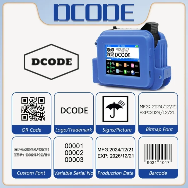 ⁦DCODE الأزرق XMINI 12.7 مللي متر المحمولة الصغيرة المحمولة طابعة نافثة للحبر الحرارية النص QR الباركود صورة دفعة رقم شعار تاريخ التسمية المبرمج⁩ - الصورة ⁦2⁩