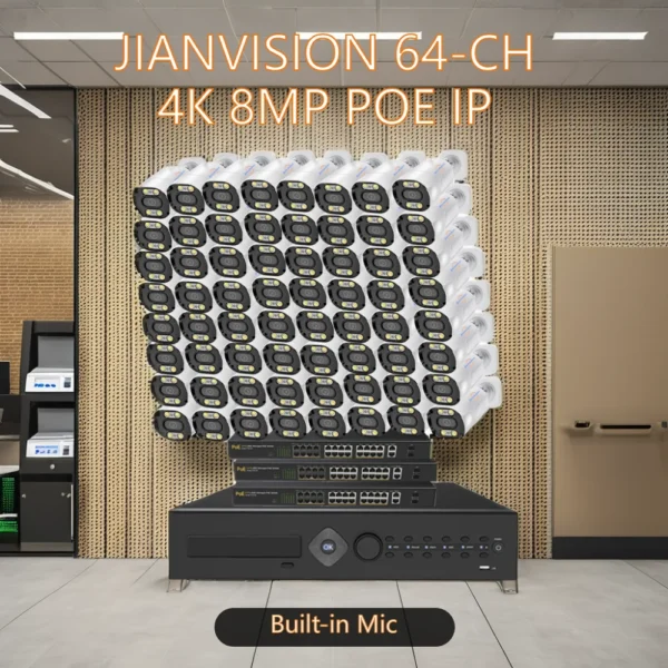 ⁦Jianvision 64-Channel 4K 8MP POE IP Camera System NVR Wide Angle CMOS Sensor Night Vision Network Security Surveillance System⁩ - الصورة ⁦6⁩