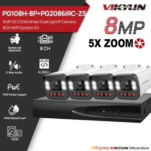 VIKYLIN 8MP 5x zoom 2-way Audio IP camera 4PCS SET 8CH POE NVR Video Recorder Smart Human vehicle Detection CCTV security system