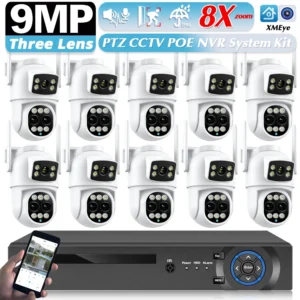 Smart Video Surveillance System 10CH XMEye 4K POE NVR Kit H.265+ Three Lens 9MP WIFI Cameras 8X Zoom PTZ Wireless CCTV System
