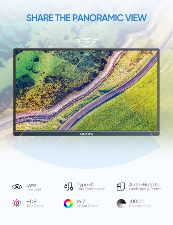 ⁦ARZOPA 14.0'' 1080P FHD IPS Portable Monitor with USB C HDMI External Second Screen for Mac,Laptop,PC,Switch,PS,Xbox,A1S⁩ - الصورة ⁦3⁩