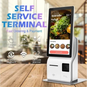 كشك طلب ذاتي 15.6 بوصة، محطة خدمة ذاتية مع شاشة تعمل باللمس Android أو Windows OSD، طابعة 58-80 مم، ماسح الباركود