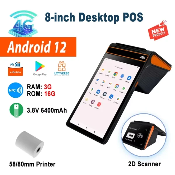 ⁦Android 12 8 inch Touch Screen POS Terminal 58/80mm Printer 3G+16G Memory 4G WIFI BT Mobile POS, NFC 2D Scanner Cash Register⁩ - الصورة ⁦2⁩