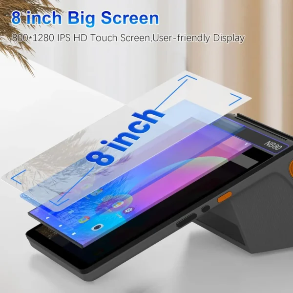 Android 12 8 inch Touch Screen POS Terminal 58/80mm Printer 3G+16G Memory 4G WIFI BT Mobile POS, NFC 2D Scanner Cash Register
