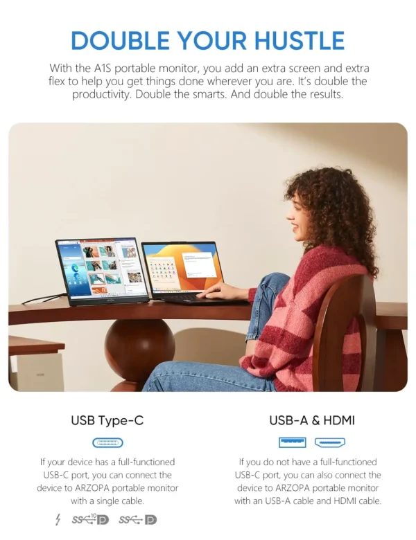 ⁦ARZOPA 14.0'' 1080P FHD IPS Portable Monitor with USB C HDMI External Second Screen for Mac,Laptop,PC,Switch,PS,Xbox,A1S⁩ - الصورة ⁦2⁩